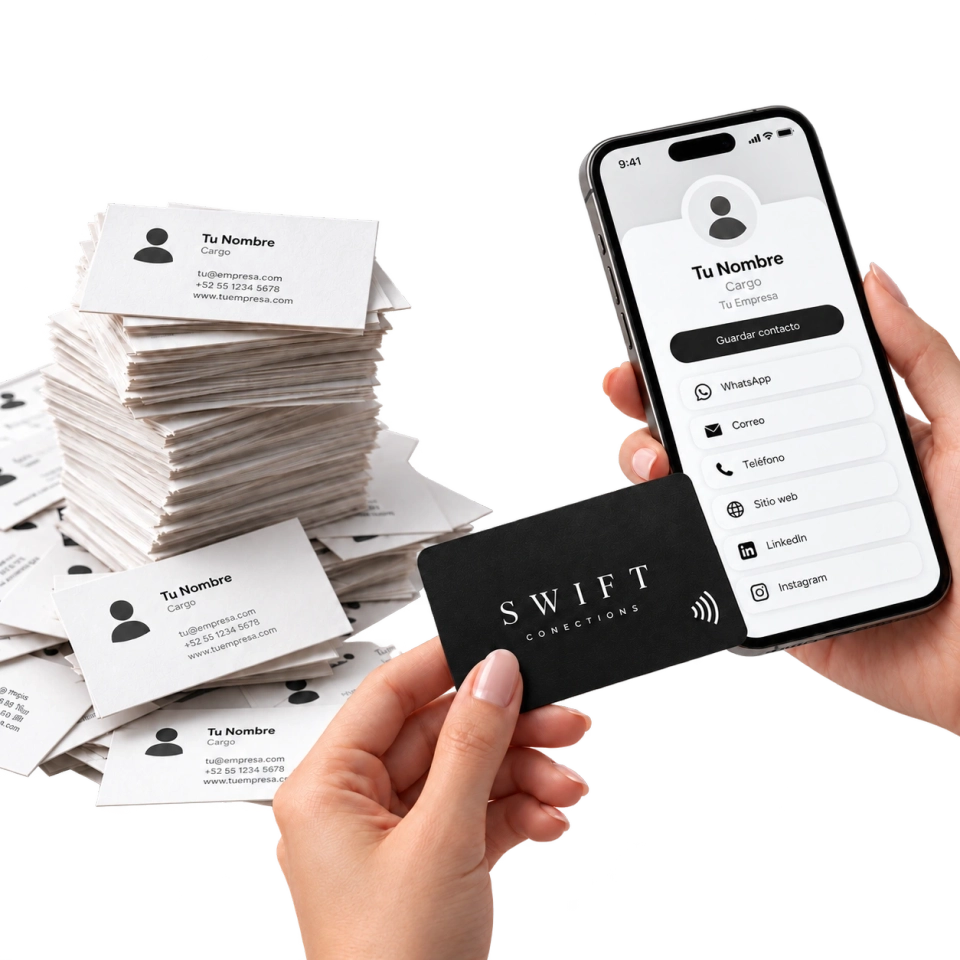 Tarjeta NFC negra de Swift y perfil digital junto a tarjetas de papel