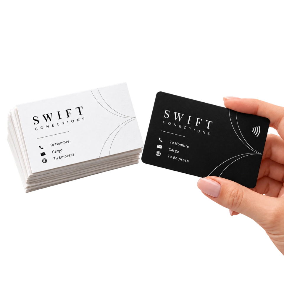 El mismo diseño de Swift en una tarjeta de papel blanca y una tarjeta NFC negra